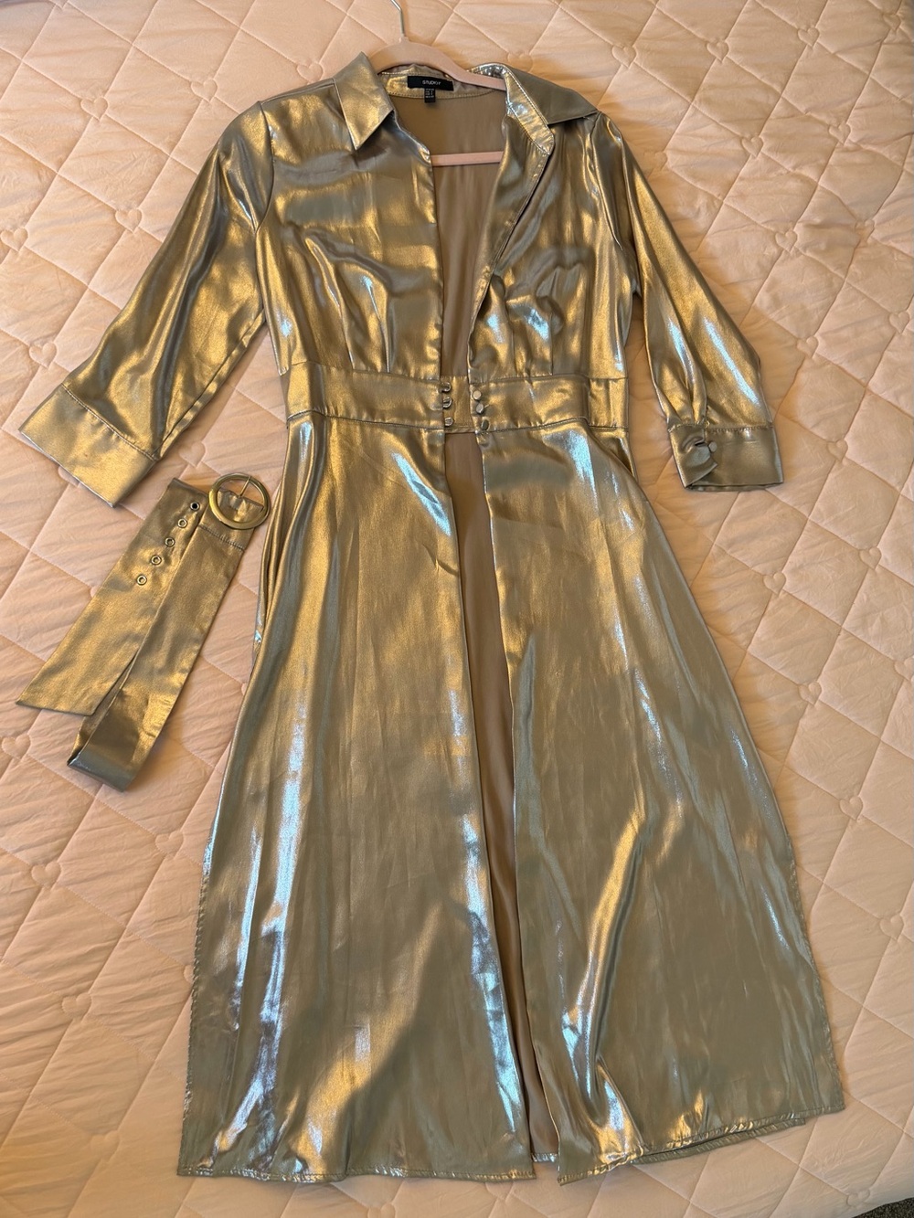 Gold Metallic Maxi Shirt Dress with Removable Belt